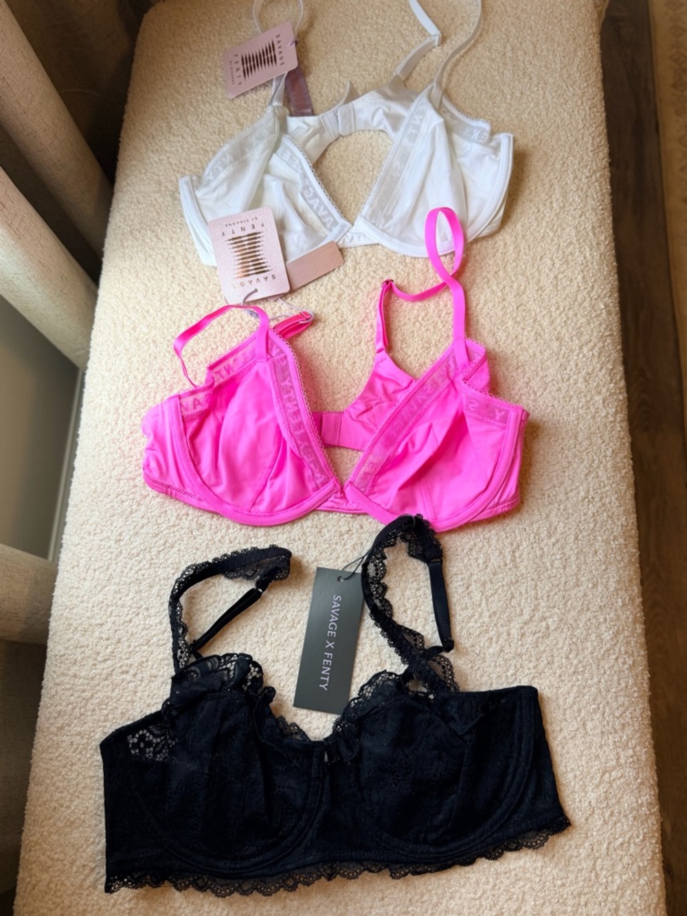 Savage X Fenty Trio: Hot Pink, White & Black Bras